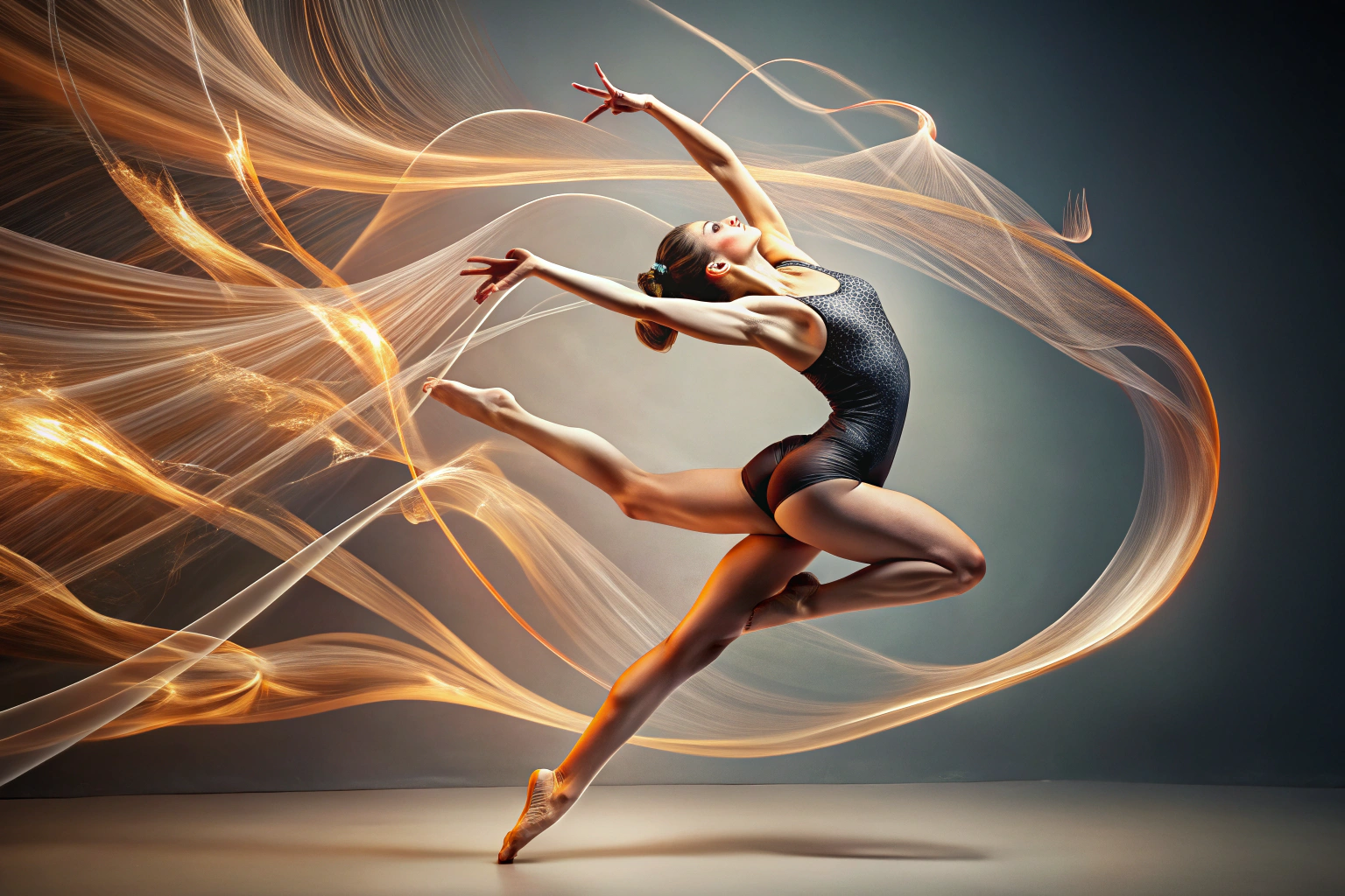 Una representación abstracta de un gimnasta en movimiento, con líneas fluidas que sugieren giros y saltos, sobre un fondo neutro y sin elementos identificables
