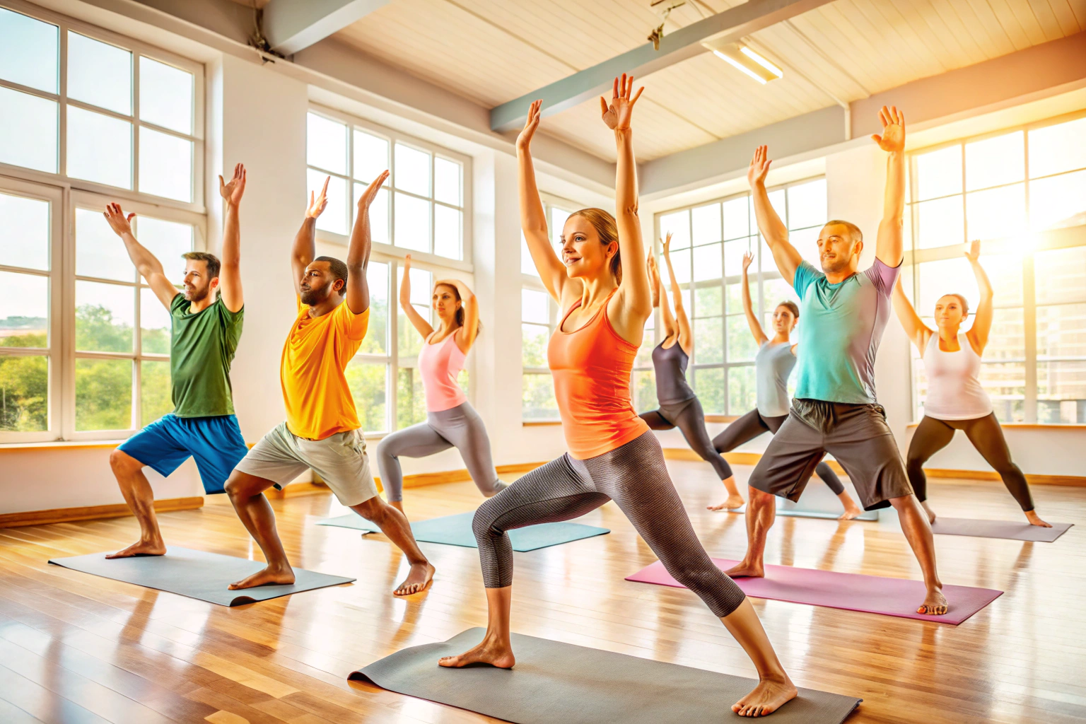 Un grupo diverso de personas realizando ejercicios en un estudio luminoso, con colores cálidos y ambiente acogedor, mostrando movimientos fluidos de yoga y pilates sin elementos de texto o marcas