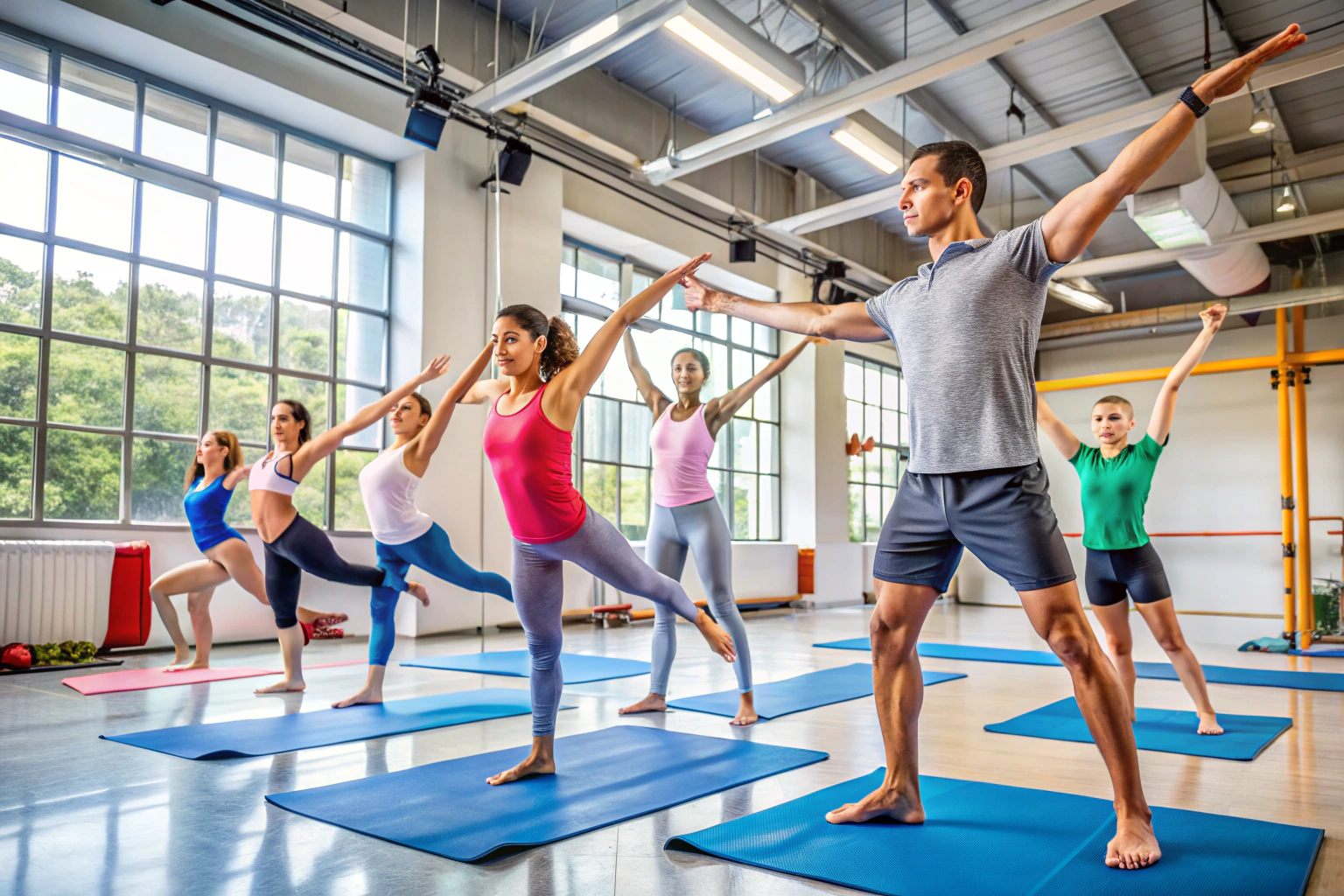 Un grupo diverso de entrenadores de gimnasia realizando ejercicios en un estudio espacioso con equipos modernos, mostrando técnicas de estiramiento y fuerza en un ambiente luminoso y acogedor