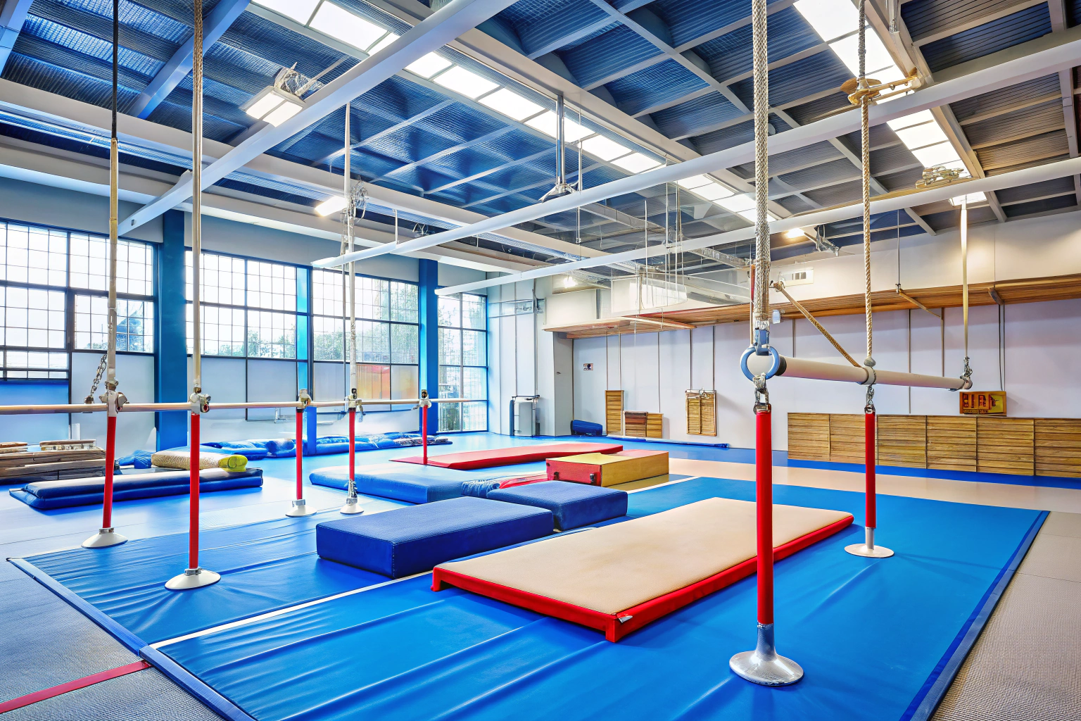 Vista interior de un gimnasio de gimnasia con barras asimétricas, colchonetas azules en el suelo y anillas colgando del techo, todo en un ambiente limpio y bien iluminado sin señales de marca