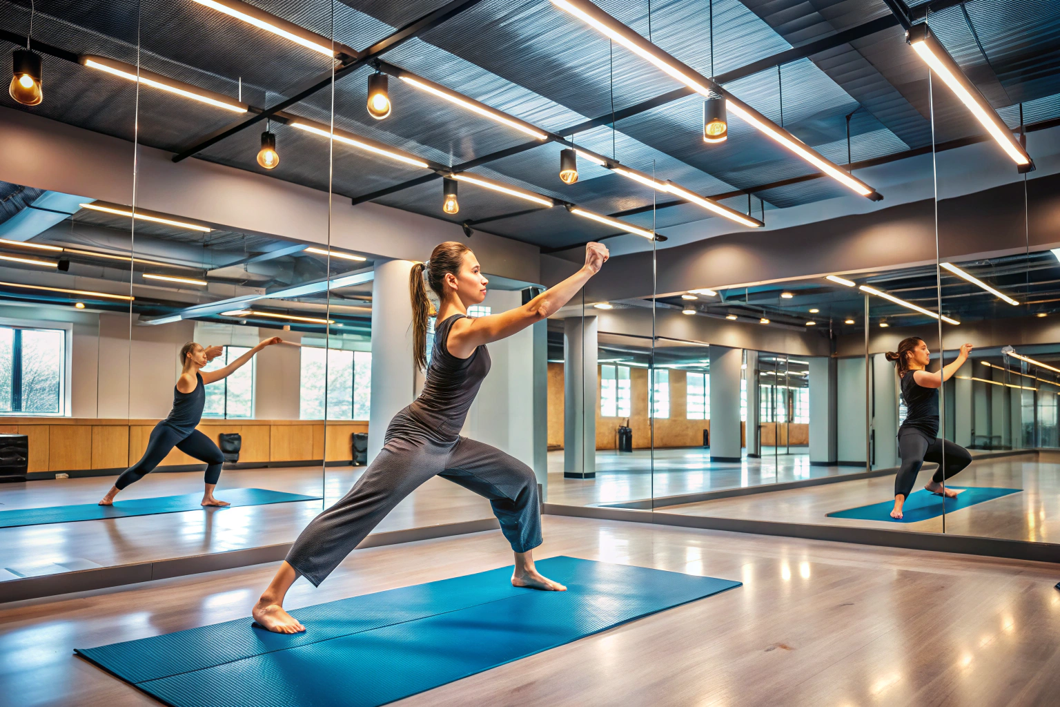 Persona realizando balanceos de brazos en un espacio de entrenamiento amplio, con espejos en la pared y colchonetas en el suelo